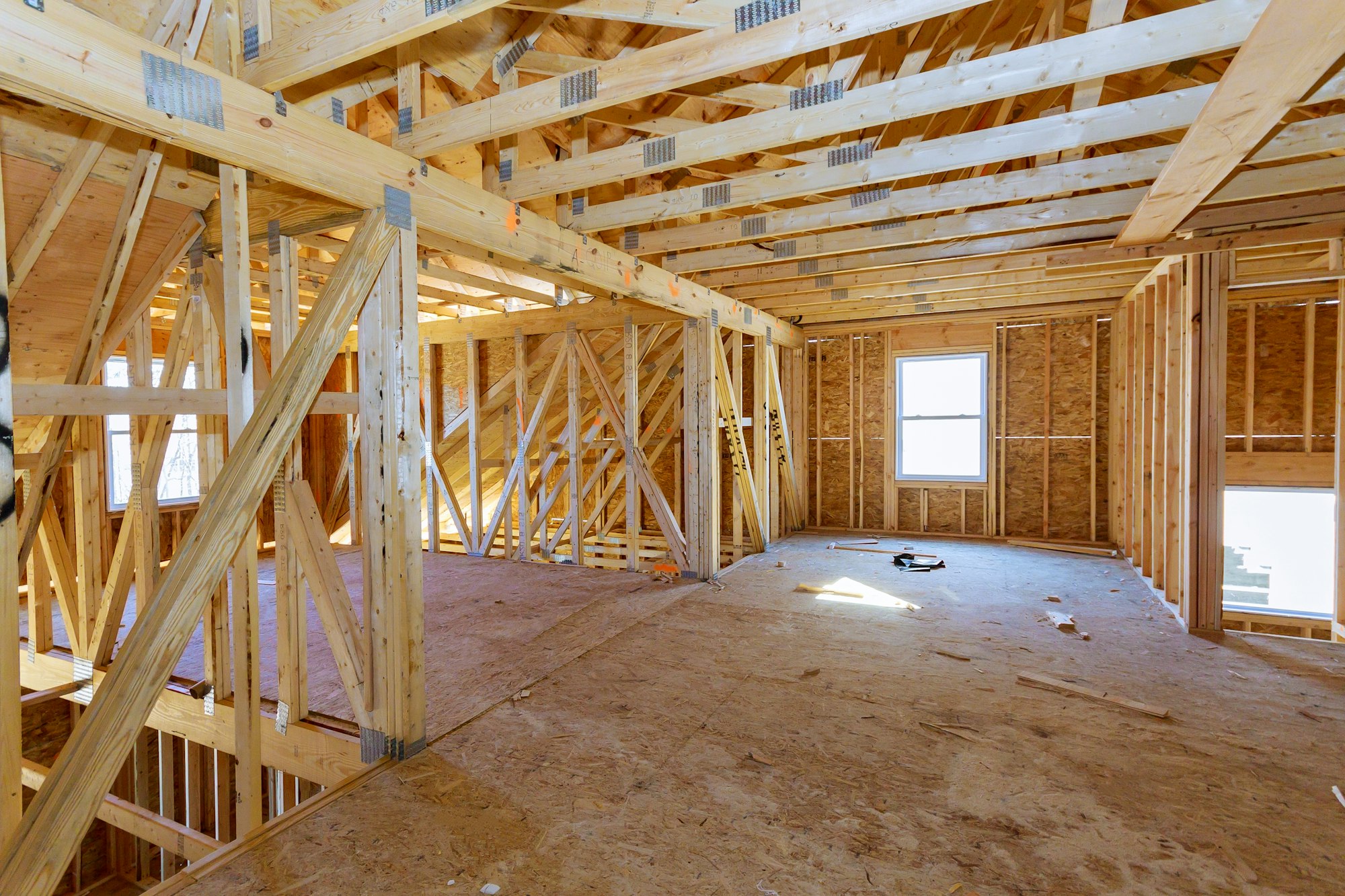 Close-up of roof on stick built under home beam construction